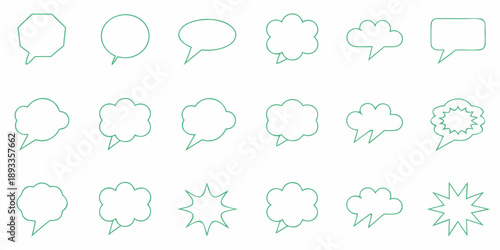 Collection of various green speech bubbles and thought cloud line icons