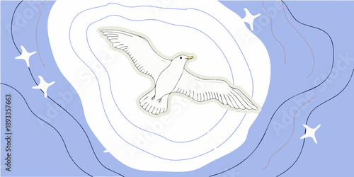 A white dove flies within a swirling illuminated oval shape in the sky