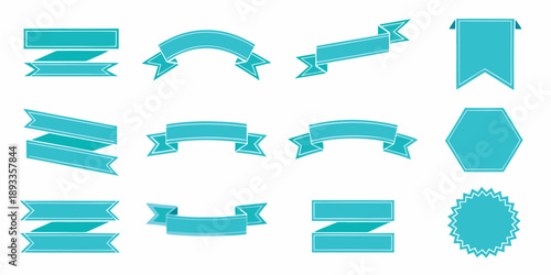 Collection of teal ribbons banners and decorative labels in various shapes