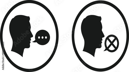 Communication icons, speaking and silence, profile heads, speech bubbles, dialogue, mute symbol, behavioral signage, vector illustration, contrast concept, graphic design