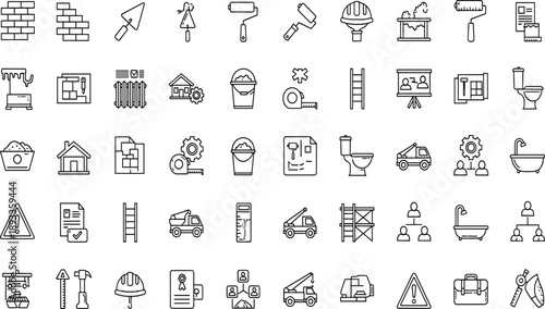 Construction icons collection with tools, equipment, architecture, home improvement, safety gear, plumbing, scaffolding, blueprints, vector symbols, black and white line style
