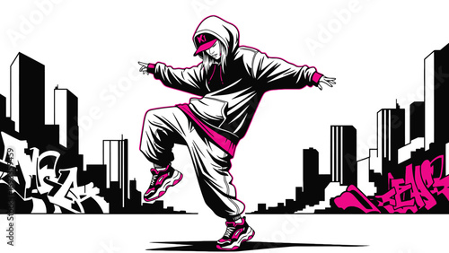 Professional urban breakdancer performing dynamic moves against a city skyline for street culture apparel branding and modern youth entertainment industry resources.