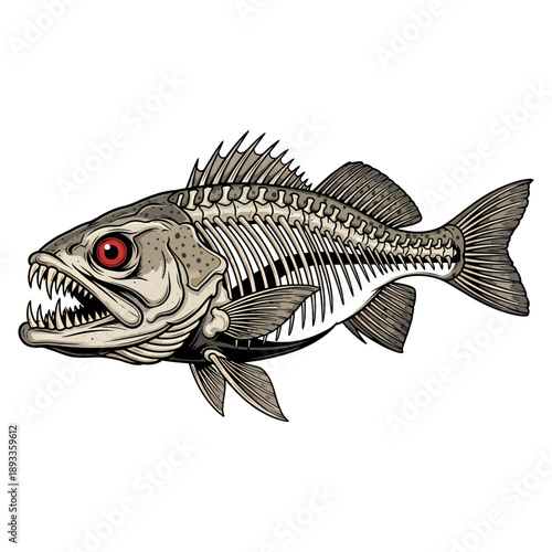 Speckled trout skeleton illustration with sharp teeth and red eyes for fishing logo or t shirt