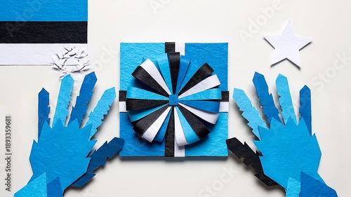 Hands presenting gift box with Estonian flag colors ribbon