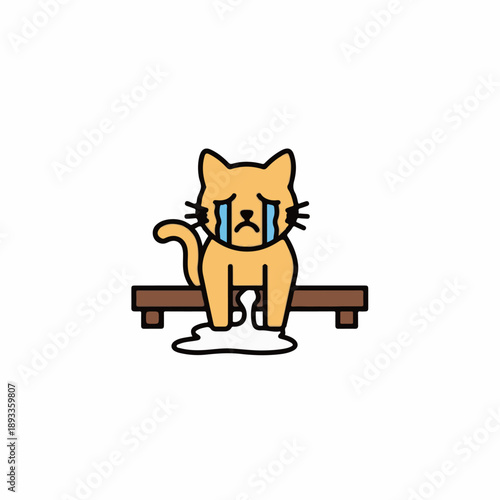 Sad cartoon cat sitting on bench with urine stain