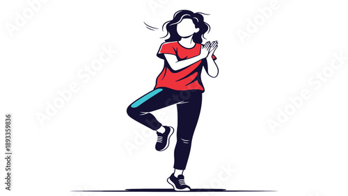 Energetic young woman in a red shirt performing a rhythmic dance pose for modern fitness studio branding and youth lifestyle wellness industry business assets.