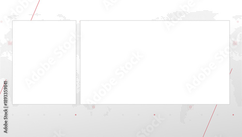 Two box split screen for news, interviews, live broadcast, tv shows, live streaming. Alpha channel transparent cut, 4K, world map background with red elements, simplicity and minimalism design.