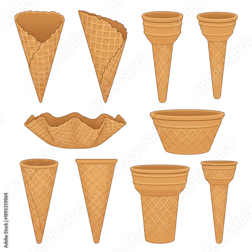 Flat vector illustration : icon set collection crispy golden waffle, wafer ice cream cones, various shapes - summer dessert, sweet treats, confectionary, indulgent, food menu design