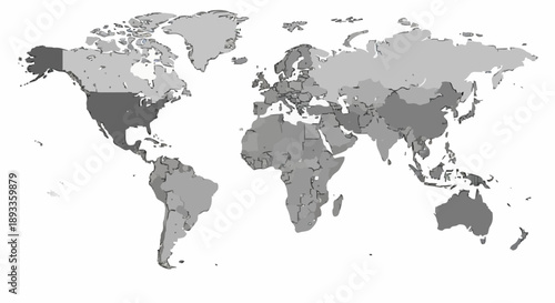 World Map Showing Continents and Countries in Shades of Gray.