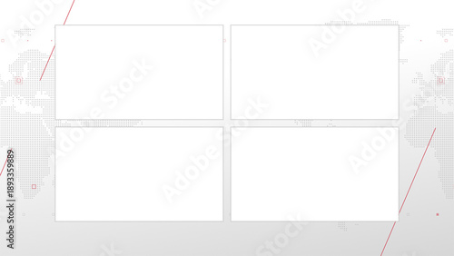 Four box split screen for news, interviews, live broadcast, tv shows, live streaming. Alpha channel transparent cut, 4K, world map background with red elements, simplicity and minimalism design.