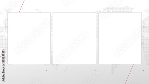 Three box split screen for news, interviews, live broadcast, tv shows, live streaming. Alpha channel transparent cut, 4K, world map background with red elements, simplicity and minimalism design.