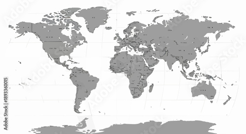 World Map Showing Continents and Countries in Gray and White.
