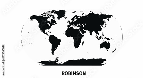 World Map Robinson Projection Black and White Illustration.