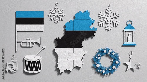 Map of Estonia in flag colors with trumpet drum and snowflakes
