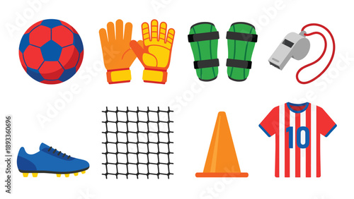 Flat Design Soccer Equipment Set Illustration. Football Gear Collection with Ball, Gloves, Shin Guards, Whistle, Cleats, Net, Cone, Jersey.