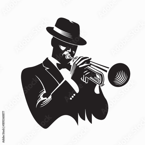 Jazz Musician Playing Trumpet Silhouette Vector on White Background