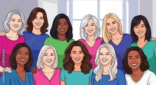 Diverse group of multiethnic women standing together vector illustration