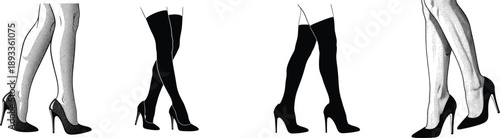 A black and white illustration showcasing different styles of women's high-heeled boots and legwear