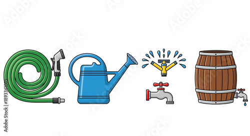 Collection of essential garden watering tools including a coiled green hose, a blue plastic watering can, a sprinkler, faucets, and a wooden rain barrel