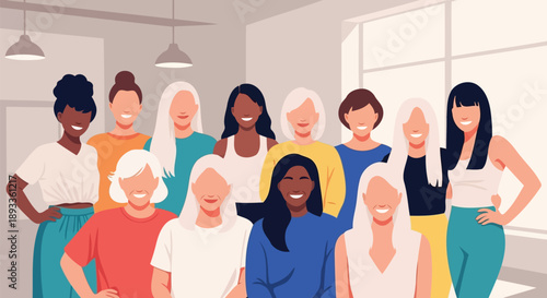 Large group of diverse women standing together vector illustration