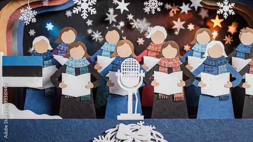 Paper cut choir singing with Estonian flag and snowflakes celebrating a winter holiday season