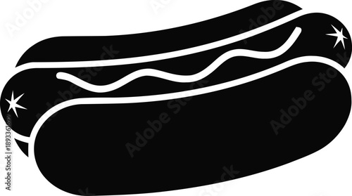 Black hot dog icon silhouette with mustard on transparent background, classic sausage in bun for fast food or BBQ illustration.