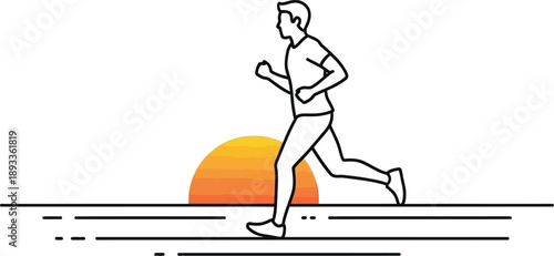 Simple black and white line art illustration depicts a man jogging or running outdoors during sunrise or sunset signifying fitness goals.