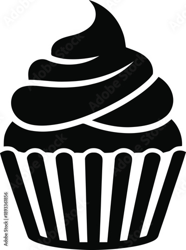 Simple black silhouette of a cupcake with swirl frosting and ruffled paper liner on transparent background