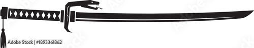 Black and white sketched katana sword with snake handle and tassel