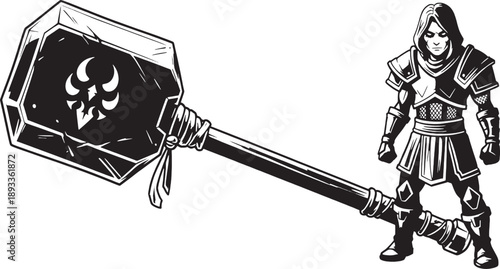 Black and White Sketched Knight Holding a Large Hammer with a Symbolic Shield armor