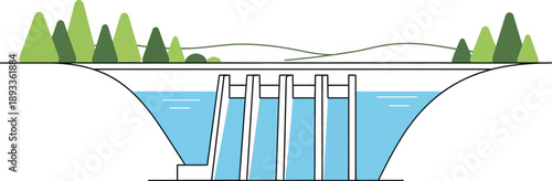Simplified illustration of a large hydroelectric dam structure controlling water flow with forest scenery above a reservoir in a clean graphic style