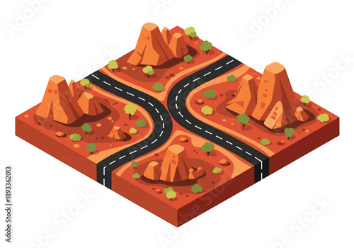 Isometric 3D view illustration of an Australian outback-inspired landscape with red soil, rock formations, sparse vegetation, and long desert roads