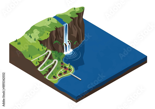 Isometric 3D view illustration of a Norwegian fjord-inspired landscape with steep cliffs, deep water, waterfalls, winding roads, and small villages
