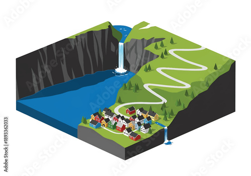 Isometric 3D view illustration of a Norwegian fjord-inspired landscape with steep cliffs, deep water, waterfalls, winding roads, and small villages