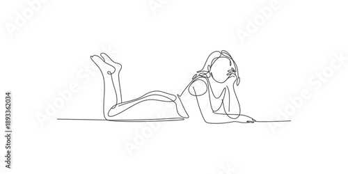 Woman lying down with hand behind head in one line relaxed one line black and white