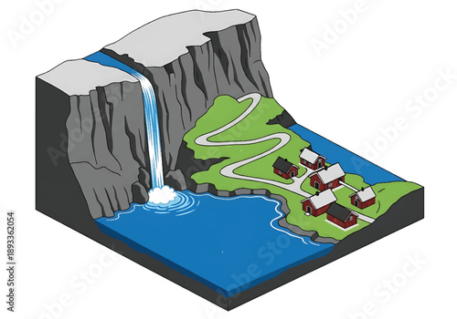 Isometric 3D view illustration of a Norwegian fjord-inspired landscape with steep cliffs, deep water, waterfalls, winding roads, and small villages