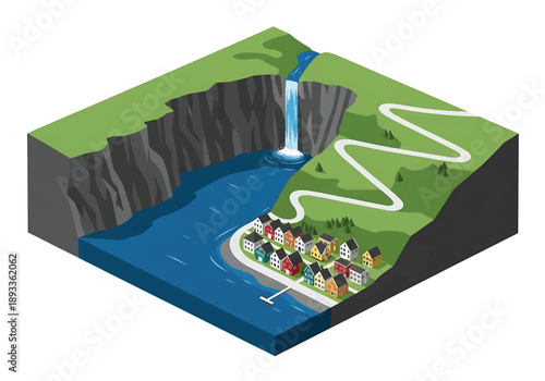 Isometric 3D view illustration of a Norwegian fjord-inspired landscape with steep cliffs, deep water, waterfalls, winding roads, and small villages