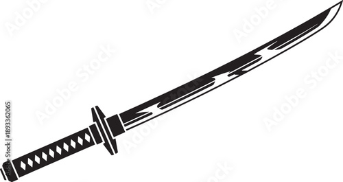 Black and white sketched of a traditional Japanese sword with a detailed handle