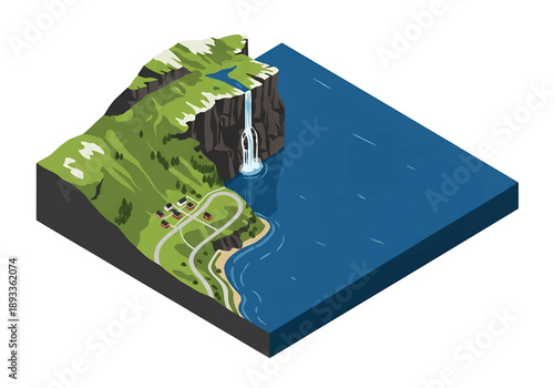 Isometric 3D view illustration of a Norwegian fjord-inspired landscape with steep cliffs, deep water, waterfalls, winding roads, and small villages