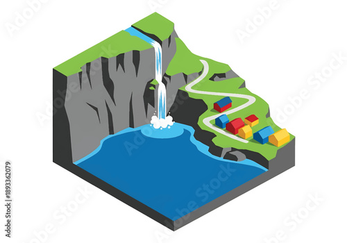Isometric 3D view illustration of a Norwegian fjord-inspired landscape with steep cliffs, deep water, waterfalls, winding roads, and small villages