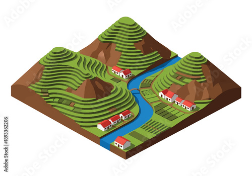 Isometric 3D view illustration of an Andes-inspired mountain landscape with terraces, rivers, rural settlements, and highland scenery