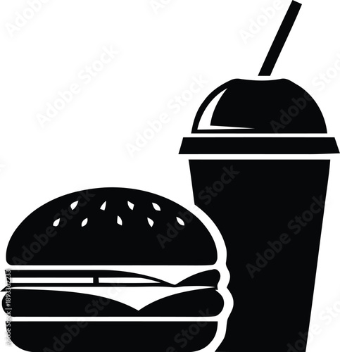 Black hamburger and soda cup icon set symbolizing fast food meal, combo, takeout, unhealthy eating, drink, burger
