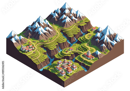 Isometric 3D view illustration of a Himalayan-inspired highland landscape with rugged mountains, valleys, trails, and remote villages