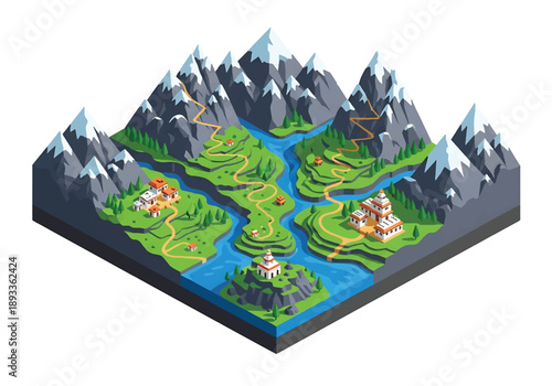 Isometric 3D view illustration of a Himalayan-inspired highland landscape with rugged mountains, valleys, trails, and remote villages