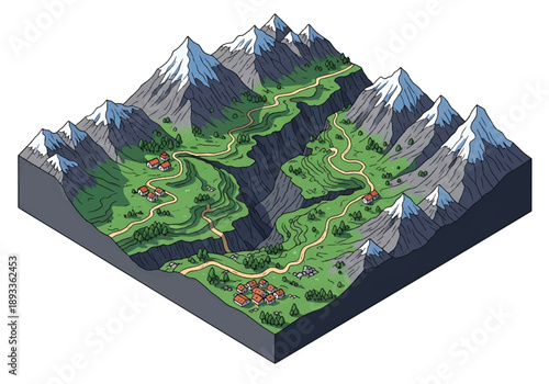 Isometric 3D view illustration of a Himalayan-inspired highland landscape with rugged mountains, valleys, trails, and remote villages