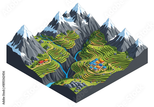 Isometric 3D view illustration of a Himalayan-inspired highland landscape with rugged mountains, valleys, trails, and remote villages