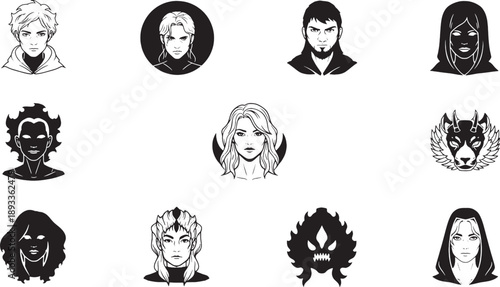 Black and white sketched portraits of various fantasy characters with unique and hairstyles unique hairstyles