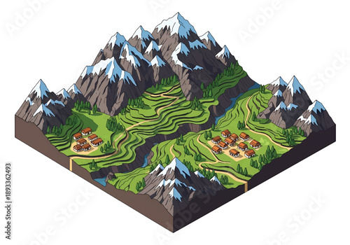 Isometric 3D view illustration of a Himalayan-inspired highland landscape with rugged mountains, valleys, trails, and remote villages