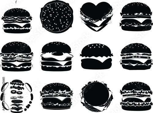 Assorted black hamburger silhouettes and ingredients on white background Keywords: hamburger
