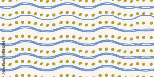 Abstract pattern featuring wavy blue lines and scattered olive dots